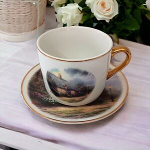 Thomas Kinkade Moonlight Cottage Tea Cup‎ Saucer Vase Teleflora Gold Trim Set